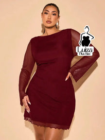 Vestido Curto Manga Longa Tule Barra Ondulada Plus Size Vinho / G Vestido Curto Manga Longa Tule Barra Ondulada Plus