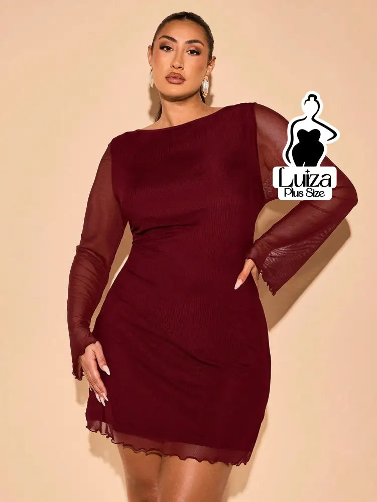 Vestido Curto Manga Longa Tule Barra Ondulada Plus Size Vinho / G Vestido Curto Manga Longa Tule Barra Ondulada Plus