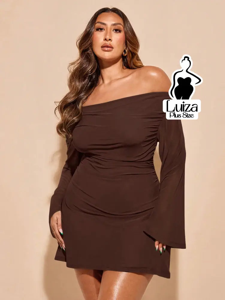 Vestido Curto Ombro A Ombro Manga Flare Drapeado Plus Size Café / G Vestido Curto Ombro A Ombro Manga Flare Drapeado