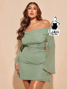 Vestido Curto Ombro A Ombro Manga Flare Drapeado Plus Size Verde Menta / G Vestido Curto Ombro A Ombro Manga Flare