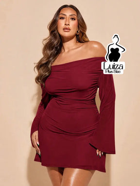 Vestido Curto Ombro A Ombro Manga Flare Drapeado Plus Size Vinho / G Vestido Curto Ombro A Ombro Manga Flare Drapeado