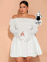 Vestido Curto Ombro A Ombro Plumas Manga Flare Plus Size Branco / G Vestido Curto Ombro A Ombro Plumas Manga Flare Plus