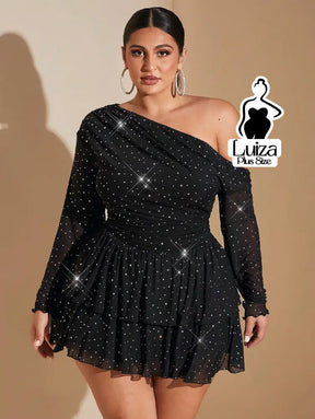 Vestido Curto Ombro Só Manga Longa Brilho Plus Size Preto / G Vestido Curto Ombro Só Manga Longa Brilho Plus Size