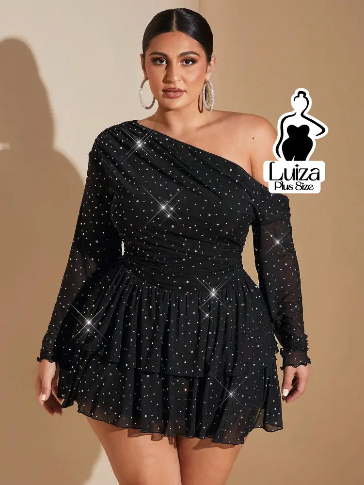 Vestido Curto Ombro Só Manga Longa Brilho Plus Size Preto / G Vestido Curto Ombro Só Manga Longa Brilho Plus Size