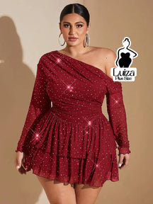 Vestido Curto Ombro Só Manga Longa Brilho Plus Size Vinho / G Vestido Curto Ombro Só Manga Longa Brilho Plus Size