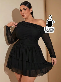 Vestido Curto Ombro Só Manga Longa Saia Rodada Plus Size Preto / G Vestido Curto Ombro Só Manga Longa Saia Rodada Plus