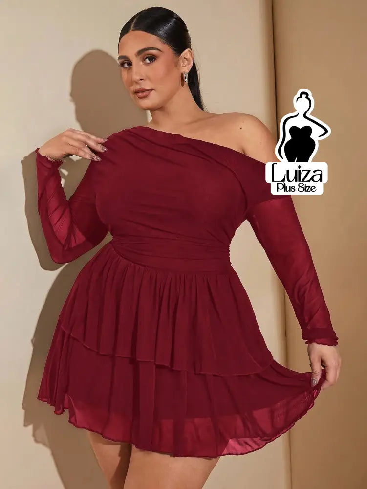 Vestido Curto Ombro Só Manga Longa Saia Rodada Plus Size Vinho / G Vestido Curto Ombro Só Manga Longa Saia Rodada Plus