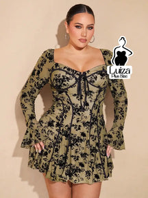 Vestido Curto Rodado Floral Manga Longa Flare Plus Size Verde Militar / G Vestido Curto Rodado Floral Manga Longa Flare