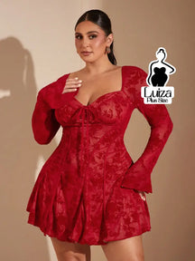Vestido Curto Rodado Floral Manga Longa Flare Plus Size Vermelho / G Vestido Curto Rodado Floral Manga Longa Flare Plus