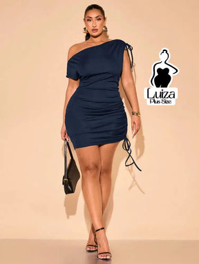 Vestido Curto Um Ombro Só Amarração Drapeado Plus Size Azul-Marinho / G Vestido Curto Um Ombro Só Amarração Drapeado