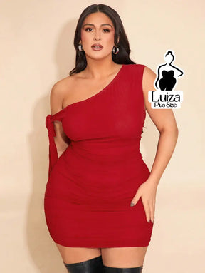 Vestido Curto Um Ombro Só Detalhe Amarração Plus Size Vermelho / G Vestido Curto Um Ombro Só Detalhe Amarração Plus Size