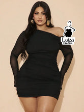 Vestido Curto Um Ombro Só Manga Longa Tule Plus Size Preto / G Vestido Curto Um Ombro Só Manga Longa Tule Plus Size