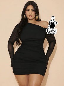 Vestido Curto Um Ombro Só Manga Longa Tule Plus Size Preto / G Vestido Curto Um Ombro Só Manga Longa Tule Plus Size
