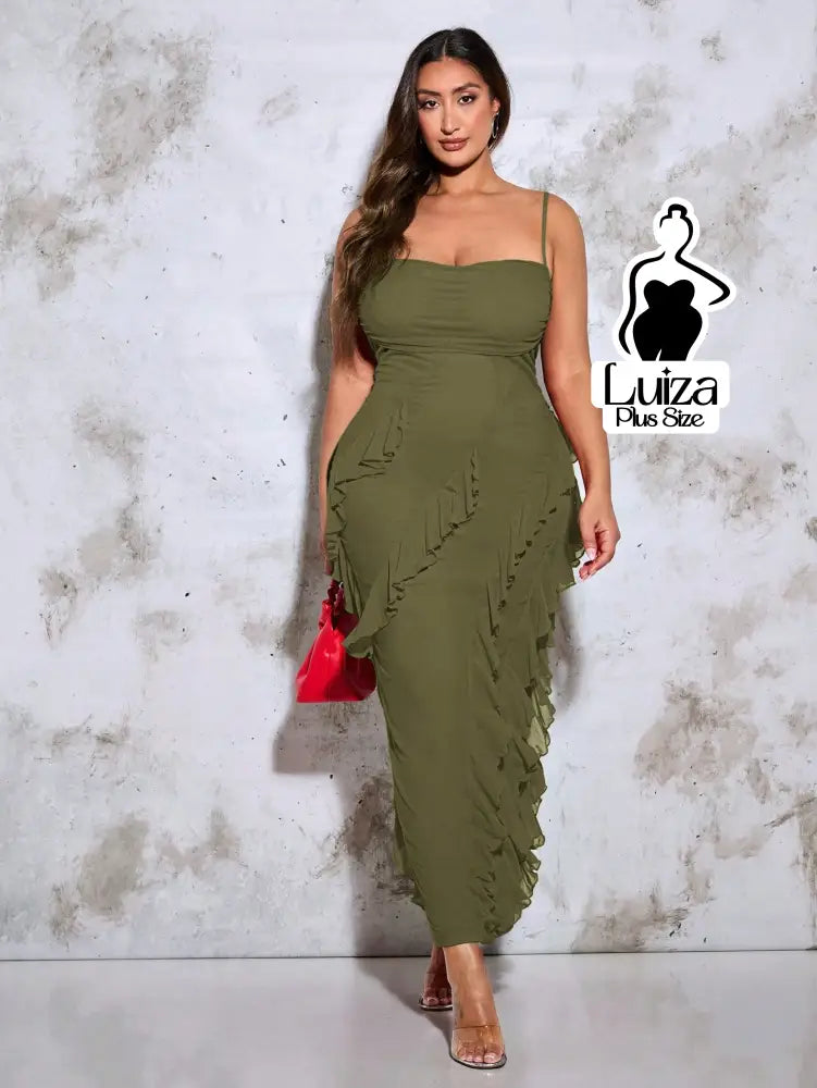 Vestido Longo Ajustado Babados Costas Abertas Plus Size Vestido Longo Ajustado Babados Costas Abertas Plus Size