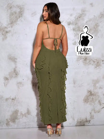 Vestido Longo Ajustado Babados Costas Abertas Plus Size Verde Militar / G Vestido Longo Ajustado Babados Costas Abertas