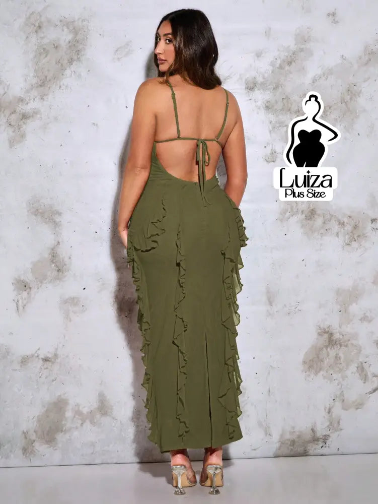 Vestido Longo Ajustado Babados Costas Abertas Plus Size Verde Militar / G Vestido Longo Ajustado Babados Costas Abertas