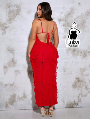 Vestido Longo Ajustado Babados Costas Abertas Plus Size Vermelho / G Vestido Longo Ajustado Babados Costas Abertas Plus