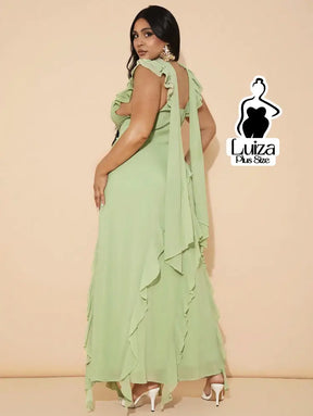 Vestido Longo Assimétrico Babados Laço Nas Costas Plus Size Vestido Longo Assimétrico Babados Laço Nas Costas Plus Size