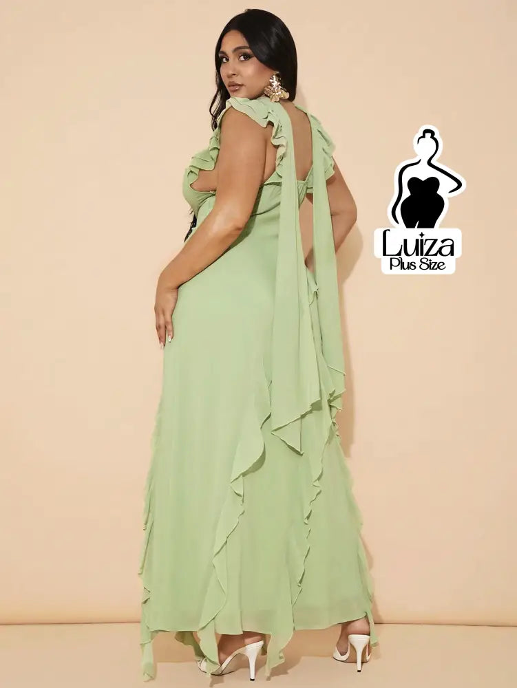 Vestido Longo Assimétrico Babados Laço Nas Costas Plus Size Vestido Longo Assimétrico Babados Laço Nas Costas Plus Size