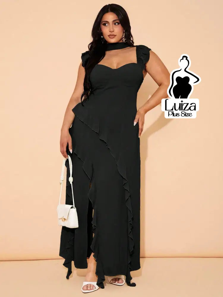 Vestido Longo Assimétrico Babados Laço Nas Costas Plus Size Vestido Longo Assimétrico Babados Laço Nas Costas Plus Size