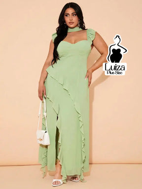 Vestido Longo Assimétrico Babados Laço Nas Costas Plus Size Vestido Longo Assimétrico Babados Laço Nas Costas Plus Size