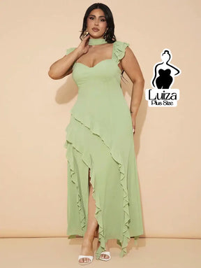 Vestido Longo Assimétrico Babados Laço Nas Costas Plus Size Vestido Longo Assimétrico Babados Laço Nas Costas Plus Size