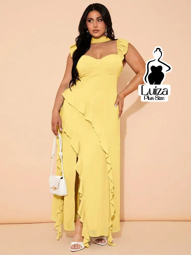 Vestido Longo Assimétrico Babados Laço Nas Costas Plus Size Vestido Longo Assimétrico Babados Laço Nas Costas Plus Size