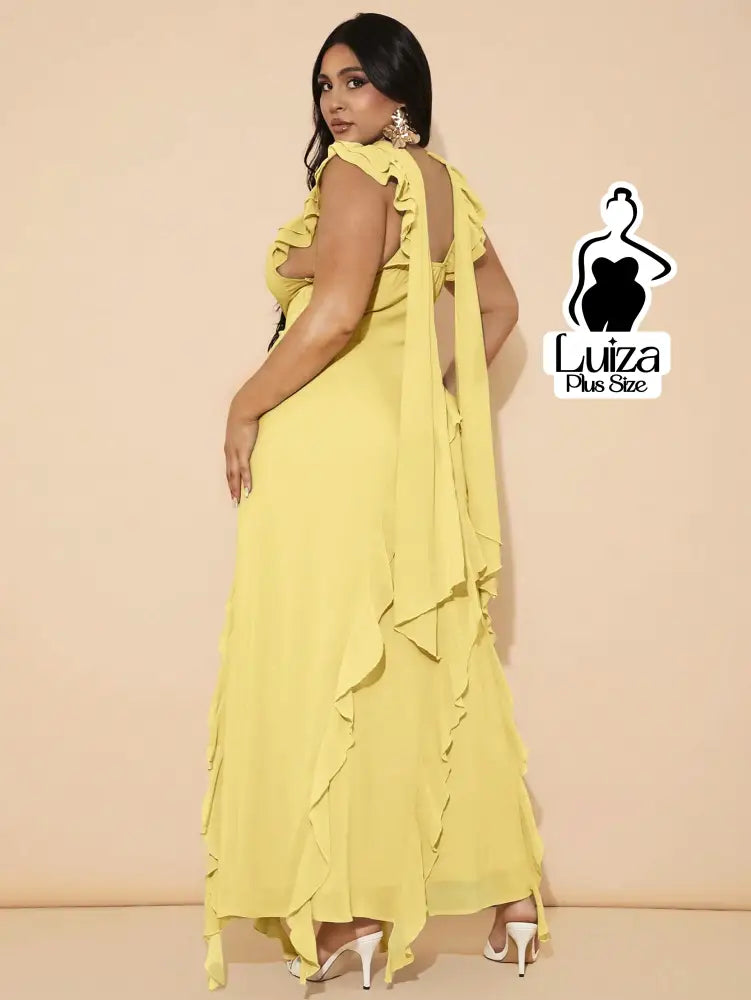 Vestido Longo Assimétrico Babados Laço Nas Costas Plus Size Vestido Longo Assimétrico Babados Laço Nas Costas Plus Size