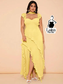 Vestido Longo Assimétrico Babados Laço Nas Costas Plus Size Amarela / G Vestido Longo Assimétrico Babados Laço Nas