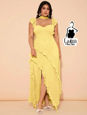 Vestido Longo Assimétrico Babados Laço Nas Costas Plus Size Amarela / G Vestido Longo Assimétrico Babados Laço Nas