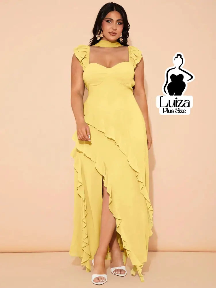 Vestido Longo Assimétrico Babados Laço Nas Costas Plus Size Amarela / G Vestido Longo Assimétrico Babados Laço Nas