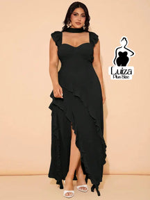 Vestido Longo Assimétrico Babados Laço Nas Costas Plus Size Preto / G Vestido Longo Assimétrico Babados Laço Nas Costas