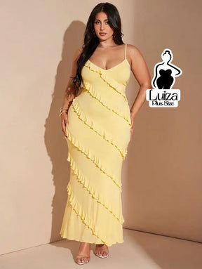 Vestido Longo Babados Diagonais Alça Fina Plus Size Vestido Longo Babados Diagonais Alça Fina Plus Size