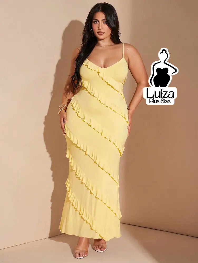 Vestido Longo Babados Diagonais Alça Fina Plus Size Vestido Longo Babados Diagonais Alça Fina Plus Size