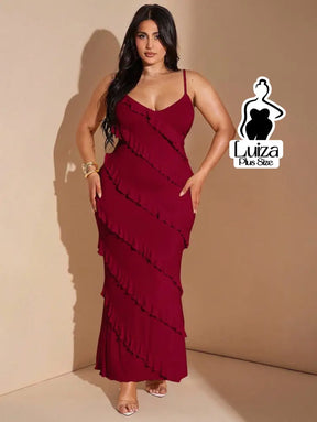 Vestido Longo Babados Diagonais Alça Fina Plus Size Vestido Longo Babados Diagonais Alça Fina Plus Size