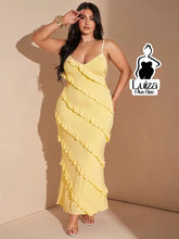 Vestido Longo Babados Diagonais Alça Fina Plus Size Amarela / G Vestido Longo Babados Diagonais Alça Fina Plus Size