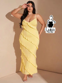 Vestido Longo Babados Diagonais Alça Fina Plus Size Amarela / G Vestido Longo Babados Diagonais Alça Fina Plus Size