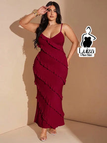 Vestido Longo Babados Diagonais Alça Fina Plus Size Vinho / G Vestido Longo Babados Diagonais Alça Fina Plus Size