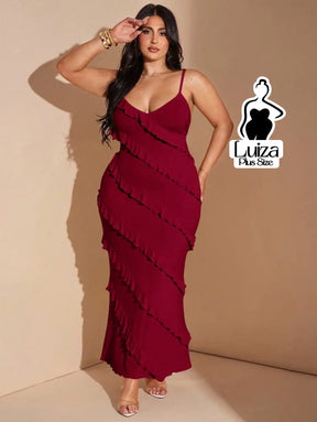 Vestido Longo Babados Diagonais Alça Fina Plus Size Vinho / G Vestido Longo Babados Diagonais Alça Fina Plus Size