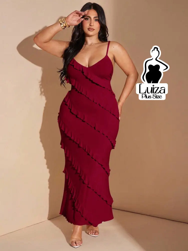 Vestido Longo Babados Diagonais Alça Fina Plus Size Vinho / G Vestido Longo Babados Diagonais Alça Fina Plus Size