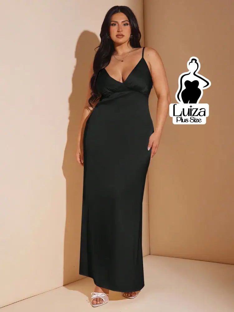 Vestido Longo Cetim Decote V Alça Fina Plus Size Vestido Longo Cetim Decote V Alça Fina Plus Size