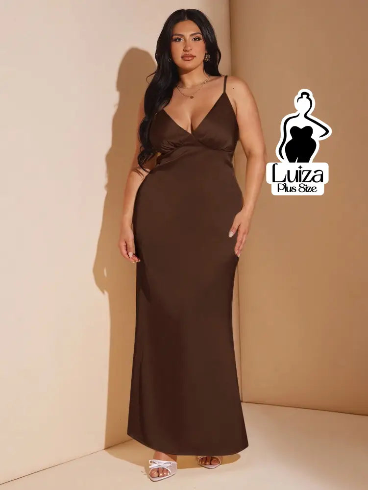 Vestido Longo Cetim Decote V Alça Fina Plus Size Café / G Vestido Longo Cetim Decote V Alça Fina Plus Size