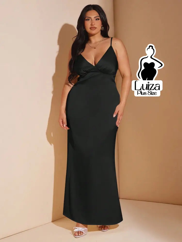 Vestido Longo Cetim Decote V Alça Fina Plus Size Preto / G Vestido Longo Cetim Decote V Alça Fina Plus Size