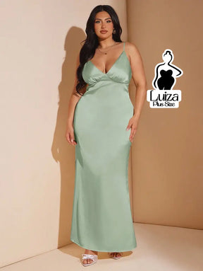Vestido Longo Cetim Decote V Alça Fina Plus Size Verde Menta / G Vestido Longo Cetim Decote V Alça Fina Plus Size
