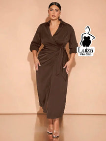 Vestido Longo Chemise Transpassado Amarração Lateral Plus Size Café / G Vestido Longo Chemise Transpassado Amarração