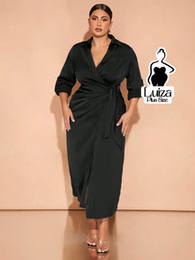 Vestido Longo Chemise Transpassado Amarração Lateral Plus Size Preto / G Vestido Longo Chemise Transpassado Amarração
