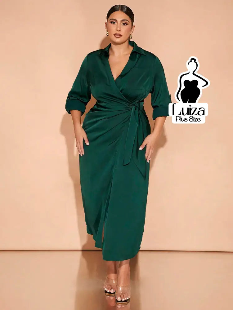 Vestido Longo Chemise Transpassado Amarração Lateral Plus Size Verde / G Vestido Longo Chemise Transpassado Amarração