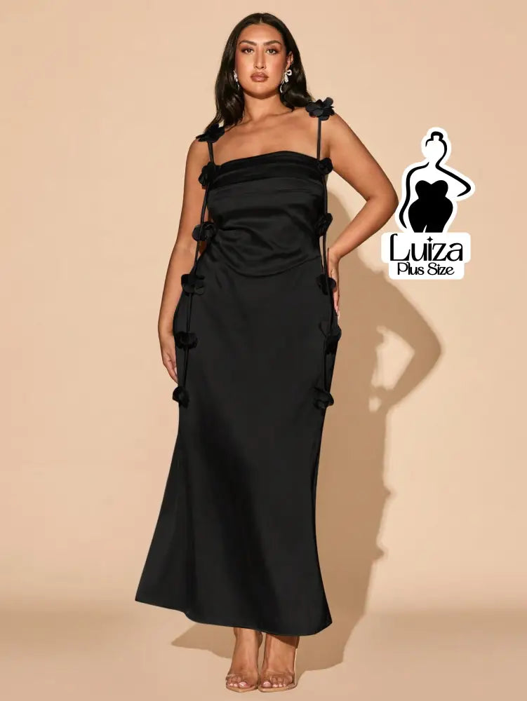 Vestido Longo Drapeado Aplicações Florais Laterais Plus Size Preto / G Vestido Longo Drapeado Aplicações Florais