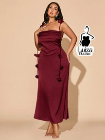 Vestido Longo Drapeado Aplicações Florais Laterais Plus Size Vinho / G Vestido Longo Drapeado Aplicações Florais