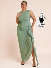 Vestido Longo Drapeado Lateral Babados Fenda Plus Size Verde / G Vestido Longo Drapeado Lateral Babados Fenda Plus Size